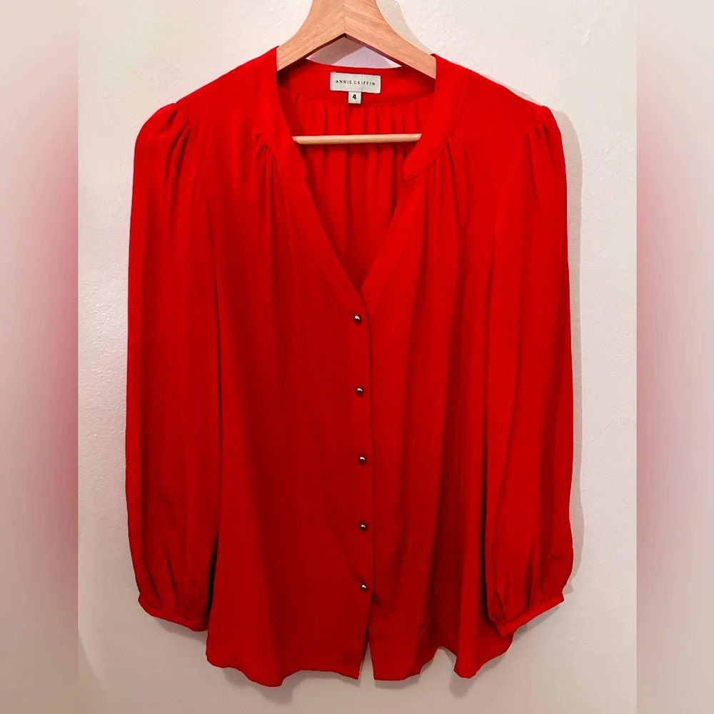 ANNIE GRIFFIN‎ Womens Sz 4 SILK BLOUSE Tunic Top Blue Button Up V Neck